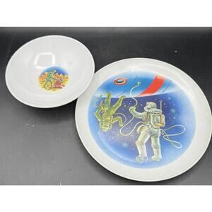 Vtg 1950s Allied Chemical Astronaut Plate & Bowl Mission Space Melamine -TO17